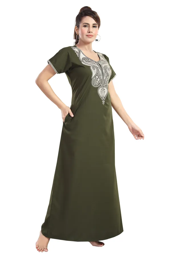 Mehendi_Green_plain_embroidered_Cotton_blend_Night_Dress_For_Ladies