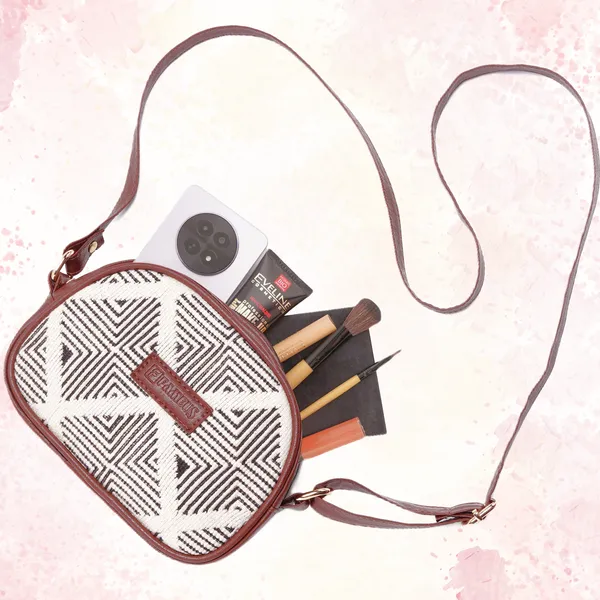 Tan_Grid_Print_Leatherette_Jute_Sling_Bag_For_Women