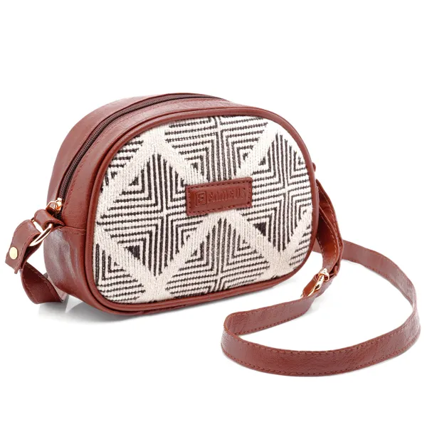Tan_Grid_Print_Leatherette_Jute_Sling_Bag_For_Women