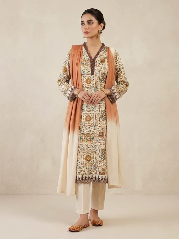 Cream_Ethnic_Printed_Straight_Kurta_Pant_Set_with_Peach_Ombre_Dupatta