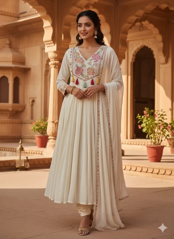 Cream_Chinon-Blend_Anarkali_Suit_with_Vibrant_Floral_Embroidery_and_Tassel