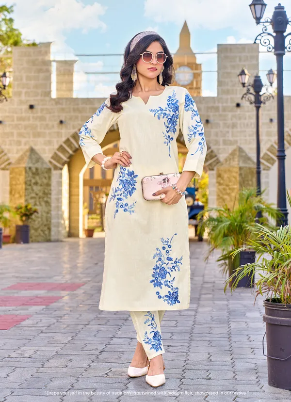 Cream__Floral_Embroidered_Pure_Cotton_Linen_Kurta_Pant_Set