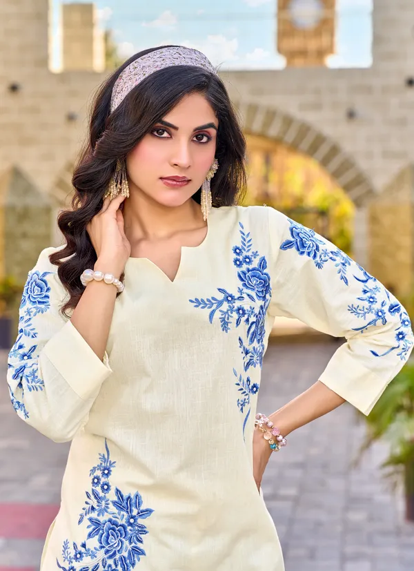 Cream__Floral_Embroidered_Pure_Cotton_Linen_Kurta_Pant_Set