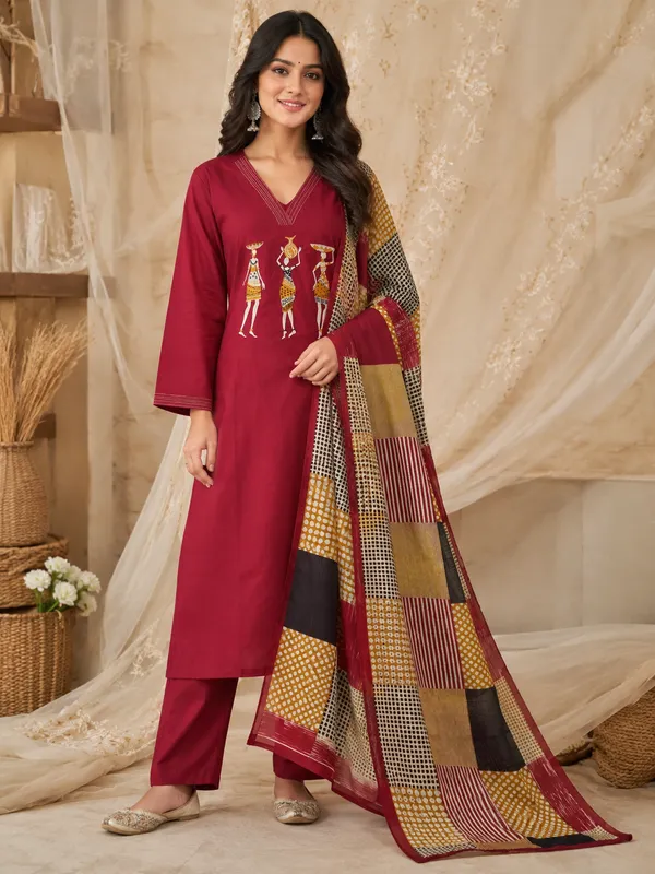 Maroon_Daboo_Cotton_Straight_Kurta_with_Palazzo_Pant_&_Printed_Dupatta_Set