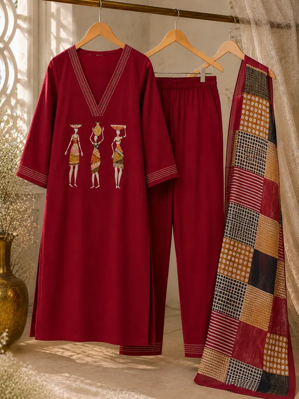 Maroon_Daboo_Cotton_Straight_Kurta_with_Palazzo_Pant_&_Printed_Dupatta_Set