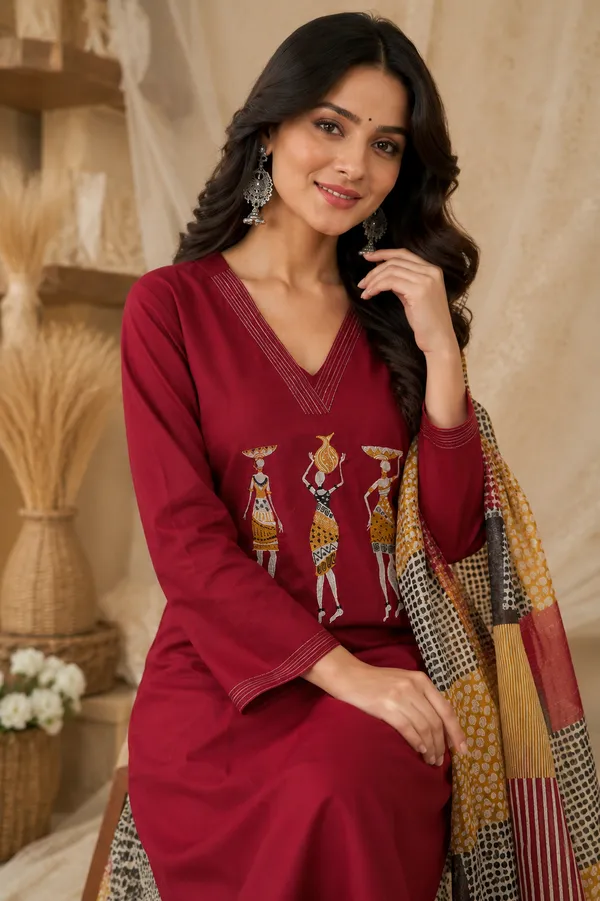 Maroon_Daboo_Cotton_Straight_Kurta_with_Palazzo_Pant_&_Printed_Dupatta_Set