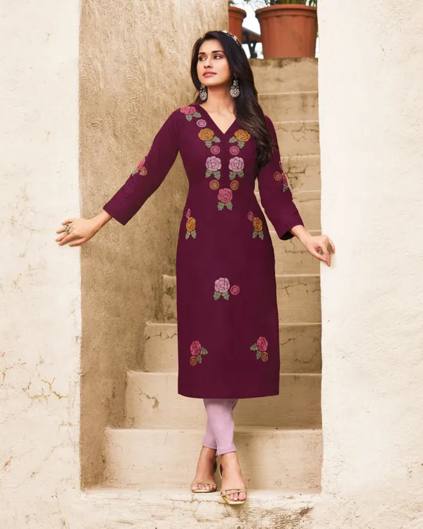 The_Desi_Wardrobe_Deep_Mauve_Straight_Kurta_with_Pop-Color_Floral_Embroidery