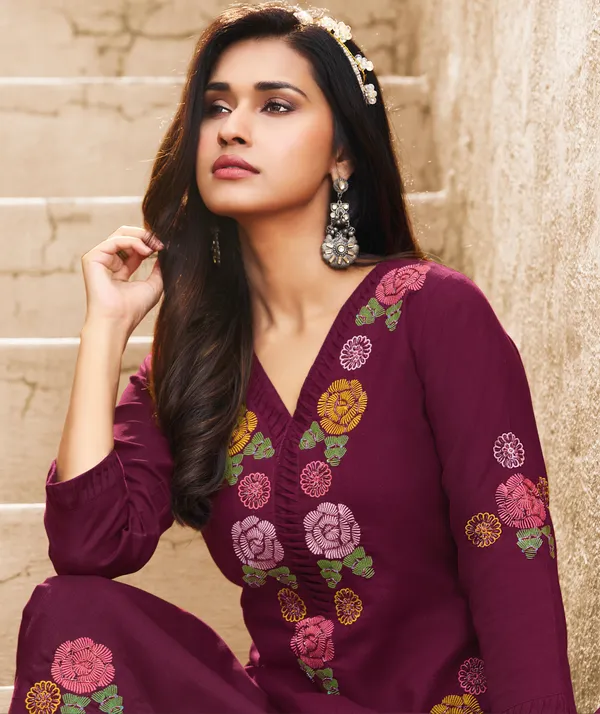 The_Desi_Wardrobe_Deep_Mauve_Straight_Kurta_with_Pop-Color_Floral_Embroidery