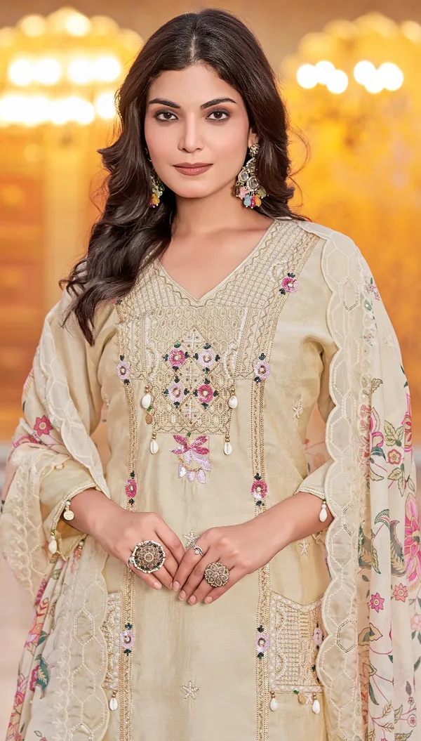 Elegant_Beige_Silk_Salwar_Suit_with_Floral_Organza_Dupatta