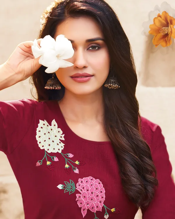 The_Desi_Wardrobe_Maroon_Straight_Kurta_with_Heavy_Floral_Appliqué_Embroidery
