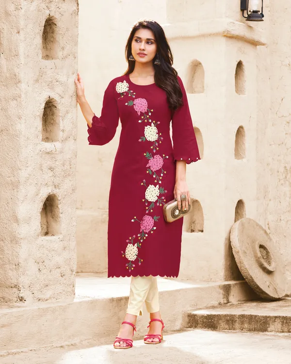 The_Desi_Wardrobe_Maroon_Straight_Kurta_with_Heavy_Floral_Appliqué_Embroidery
