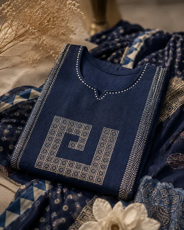 Navy_Blue_Geometric_Printed_Premium_Butter_Muslin_Kurta_Pant_Set_with_Dupatta