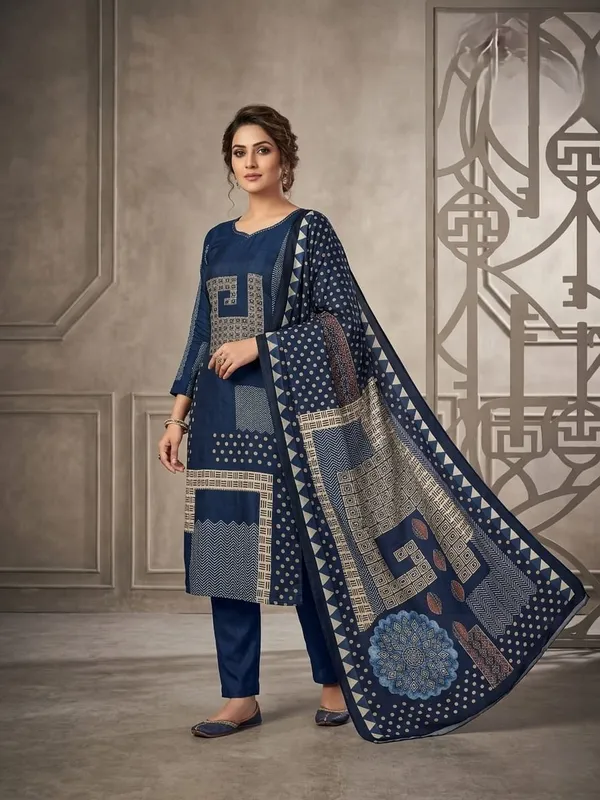 Navy_Blue_Geometric_Printed_Premium_Butter_Muslin_Kurta_Pant_Set_with_Dupatta