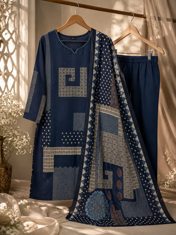 Navy_Blue_Geometric_Printed_Premium_Butter_Muslin_Kurta_Pant_Set_with_Dupatta