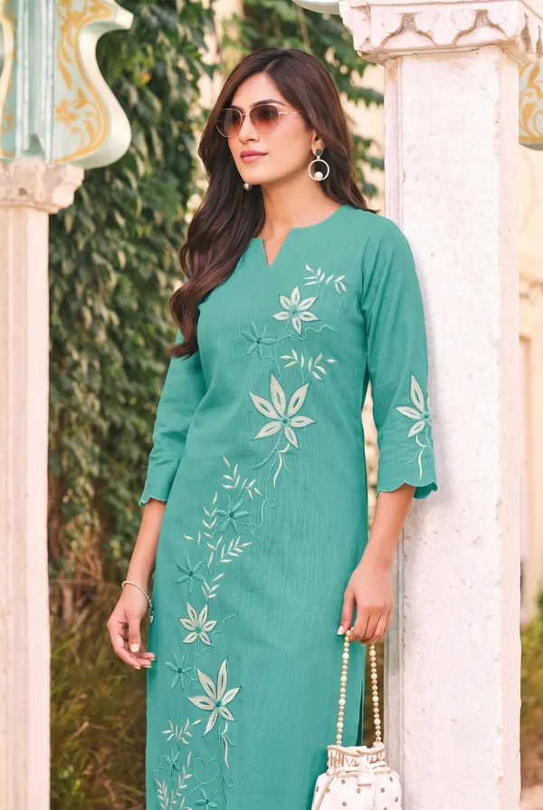 Women's_Sea_Green_/_Teal_Embroidered_Premium_Cotton_Linen_Kurta_with_Pant