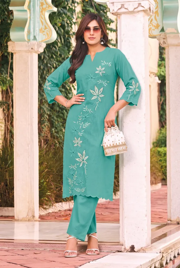 Women's_Sea_Green_/_Teal_Embroidered_Premium_Cotton_Linen_Kurta_with_Pant