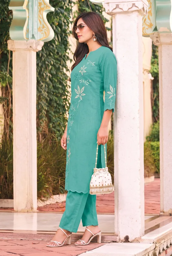 Women's_Sea_Green_/_Teal_Embroidered_Premium_Cotton_Linen_Kurta_with_Pant