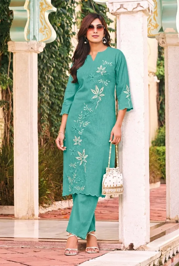 Women's_Sea_Green_/_Teal_Embroidered_Premium_Cotton_Linen_Kurta_with_Pant