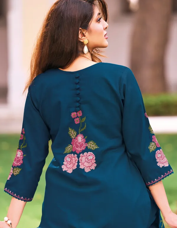 Women's_Peacock_Blue_Embroidered_Premium_Cotton_Linen_Kurta_with_Pant_Set