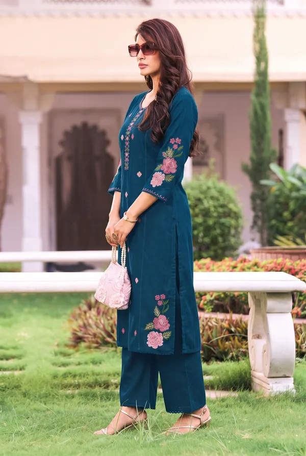 Women's_Peacock_Blue_Embroidered_Premium_Cotton_Linen_Kurta_with_Pant_Set