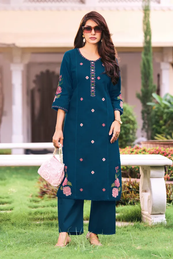 Women's_Peacock_Blue_Embroidered_Premium_Cotton_Linen_Kurta_with_Pant_Set