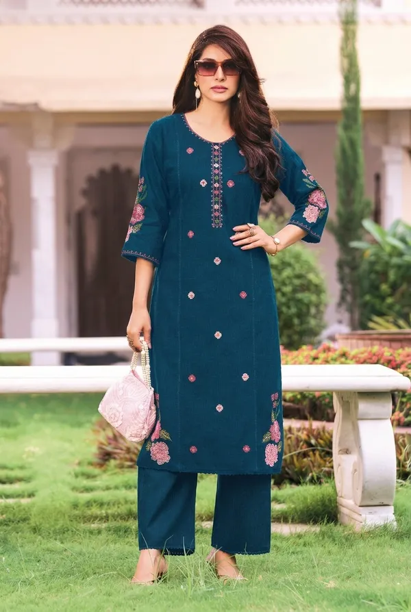 Women's_Peacock_Blue_Embroidered_Premium_Cotton_Linen_Kurta_with_Pant_Set