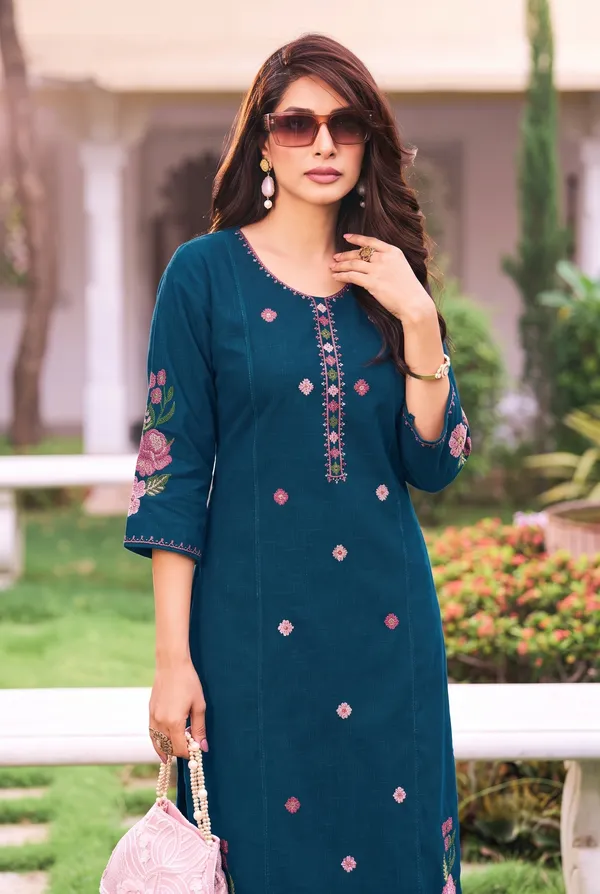 Women's_Peacock_Blue_Embroidered_Premium_Cotton_Linen_Kurta_with_Pant_Set