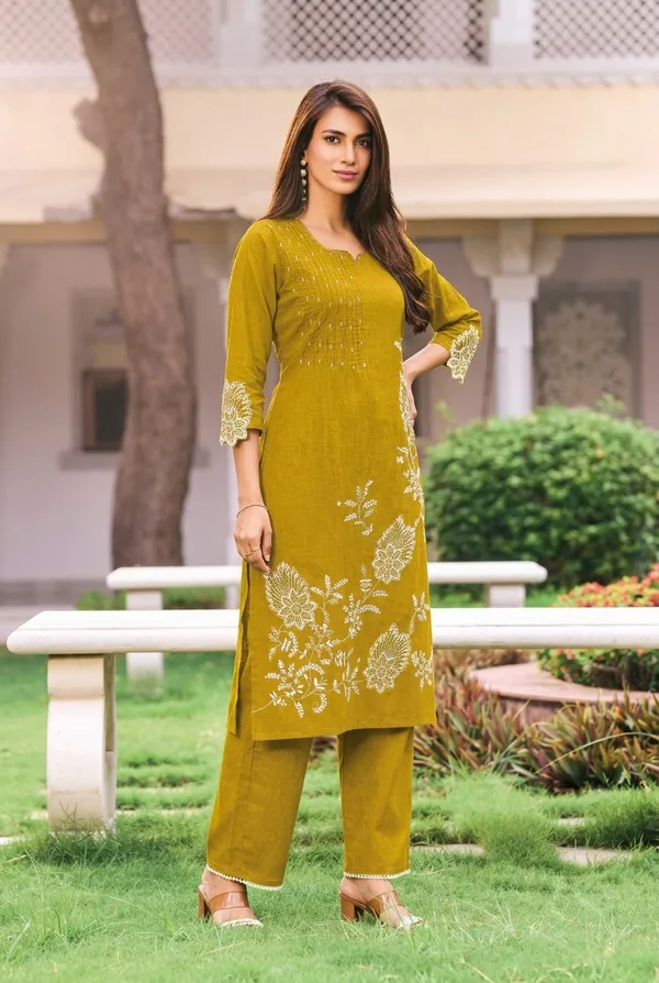 Women's_Mustard_Yellow_Embroidered_Premium_Cotton_Linen_Kurta_with_Pant_Set