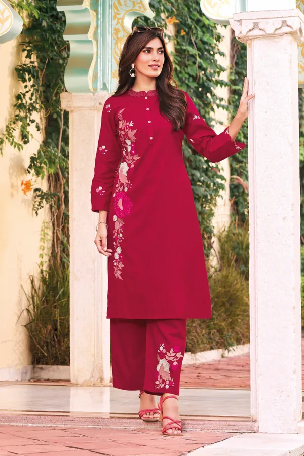 Women's_Magenta_Maroon_Embroidered_Premium_Cotton_Linen_Kurta_with_Pant