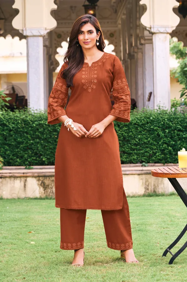 Women's_Rust_Brown_Embroidered_Premium_Cotton_Linen_Kurta_with_Pant_Set