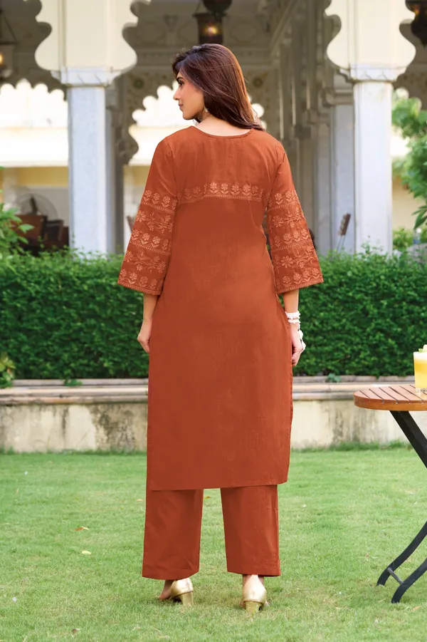 Women's_Rust_Brown_Embroidered_Premium_Cotton_Linen_Kurta_with_Pant_Set
