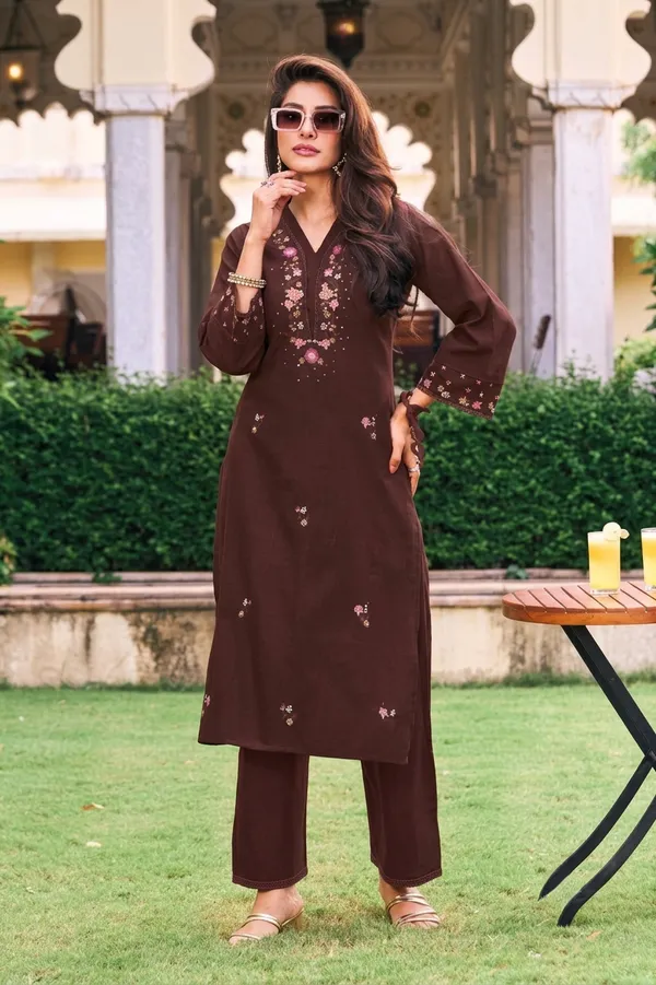 Women's_Chocolate_Brown_Embroidered_Premium_Cotton_Linen_Kurta_with_Pant