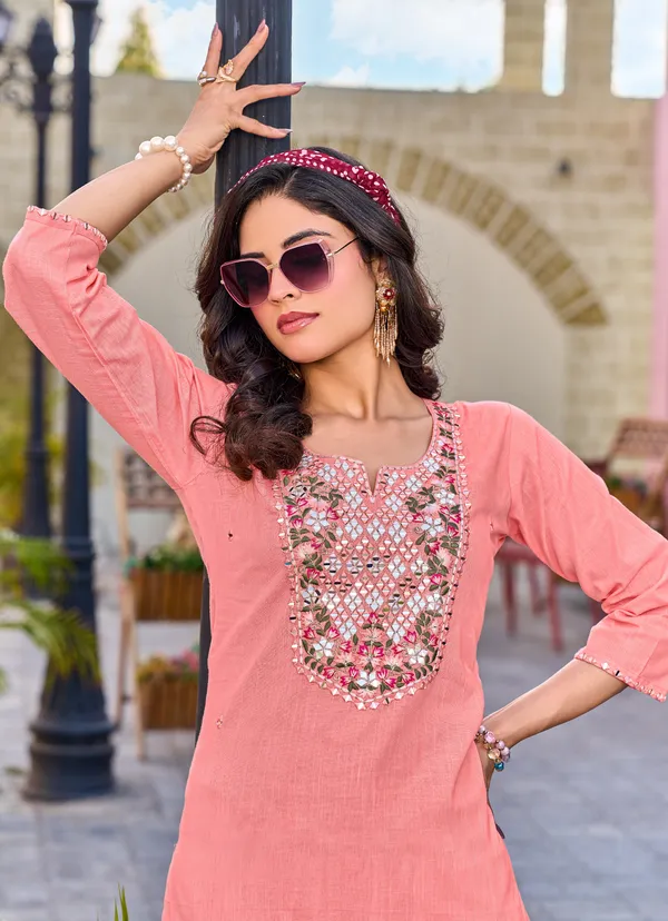 Peach_Embroidered_Pure_Cotton_Linen_Kurta_Pant_Set