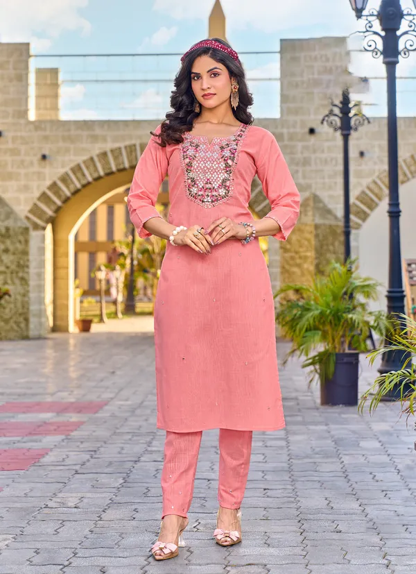Peach_Embroidered_Pure_Cotton_Linen_Kurta_Pant_Set