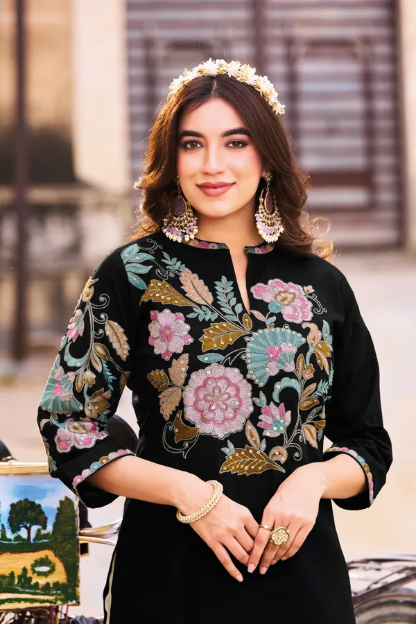 Women_Black_Multicolor_Floral_Embroidered_Pure_Cotton_Linen_Kurta_|_Elegant_Ethnic_Wear
