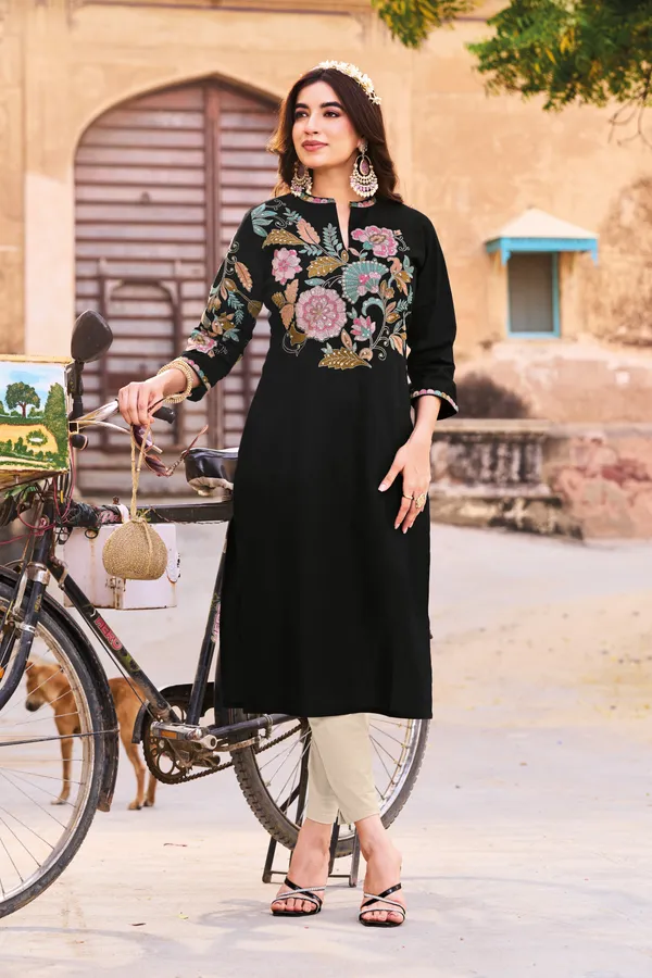 Women_Black_Multicolor_Floral_Embroidered_Pure_Cotton_Linen_Kurta_|_Elegant_Ethnic_Wear