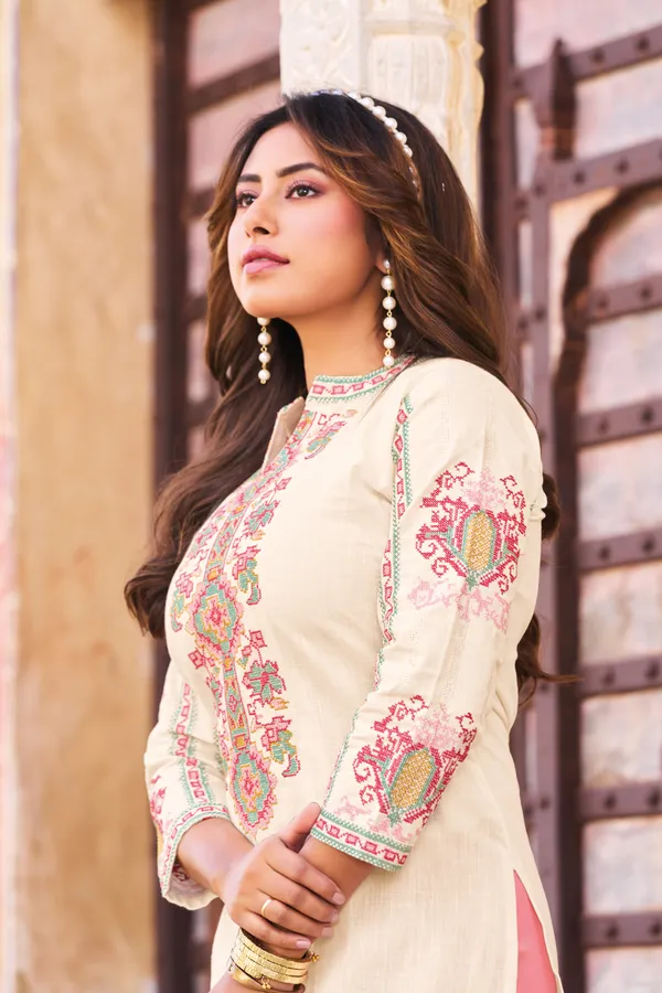 Women_Cream_Embroidered_Straight_Kurta_|_Elegant_Ethnic_Cotton_Kurta