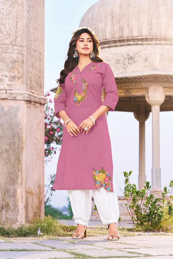 Women_Dusty_Rose_Floral_Embroidered_Kurta_|_Elegant_Ethnic_Cotton_Linen_Kurti