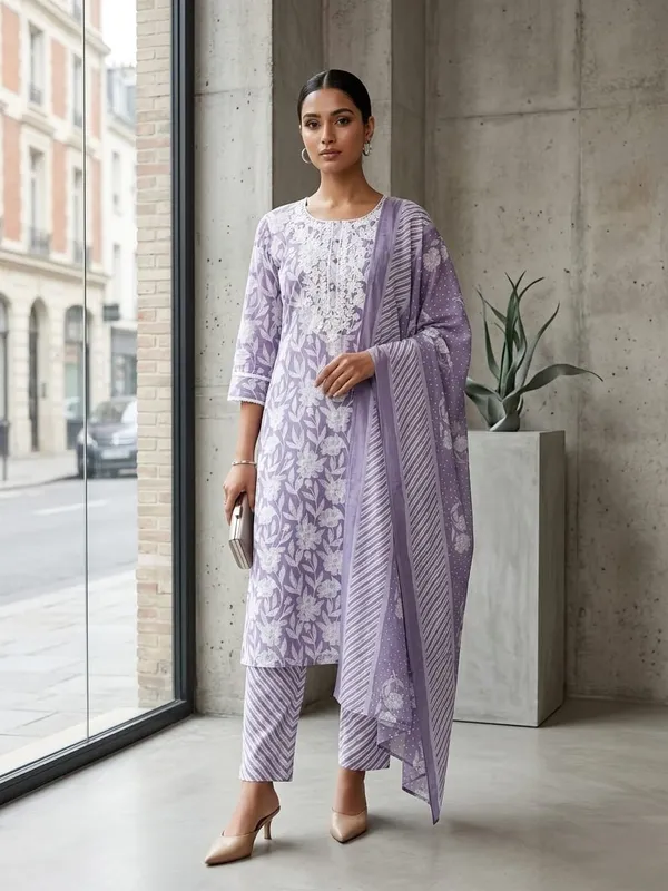 Women_Lavender_Floral_Printed_Cotton_Suit_Set_|_Designer_Kurta_with_Zig-Zag_Trousers_&_Printed_Dupatta