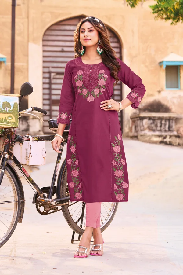 Women_Magenta_Floral_Embroidered_Pure_Cotton_Linen_Kurta_|_Elegant_Ethnic
