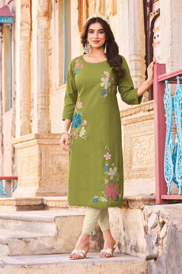 Women_Olive_Green_Floral_Embroidered_Straight_Kurta_|_Premium_Pure_Cotton_Linen_Kurta