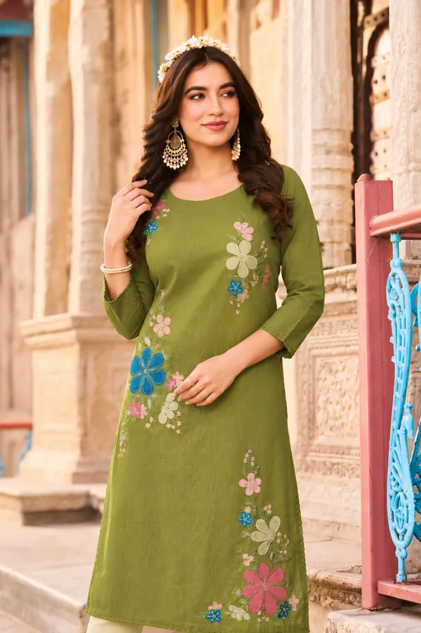 Women_Olive_Green_Floral_Embroidered_Straight_Kurta_|_Premium_Pure_Cotton_Linen_Kurta