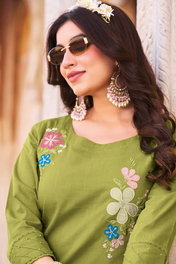 Women_Olive_Green_Floral_Embroidered_Straight_Kurta_|_Premium_Pure_Cotton_Linen_Kurta