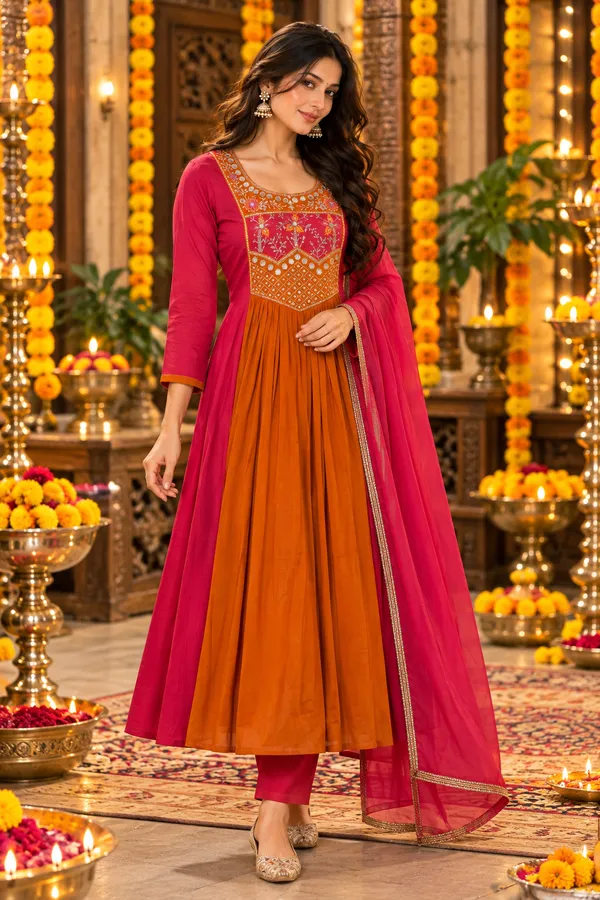 Women_Rani_Pink_&_Orange_Premium_Mul_Chanderi_Embroidered_Kurta_with_Pant_&_Dupatta_|_Festive_Ethnic_Suit_Set