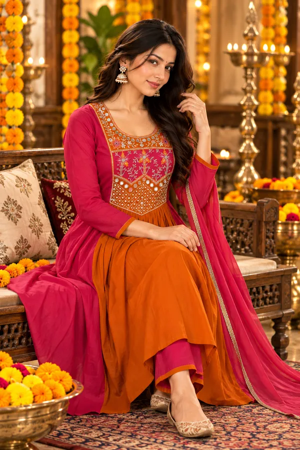 Women_Rani_Pink_&_Orange_Premium_Mul_Chanderi_Embroidered_Kurta_with_Pant_&_Dupatta_|_Festive_Ethnic_Suit_Set