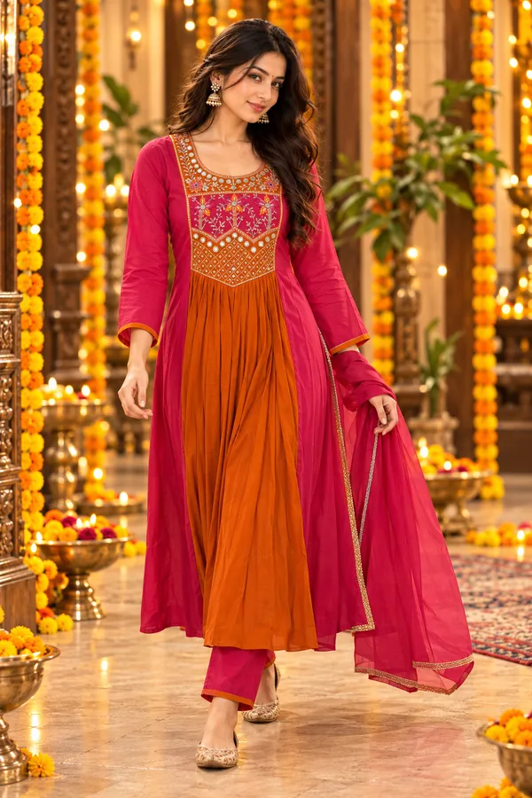 Women_Rani_Pink_&_Orange_Premium_Mul_Chanderi_Embroidered_Kurta_with_Pant_&_Dupatta_|_Festive_Ethnic_Suit_Set