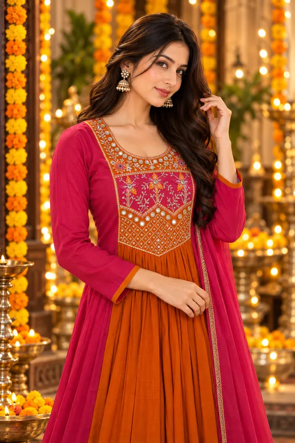 Women_Rani_Pink_&_Orange_Premium_Mul_Chanderi_Embroidered_Kurta_with_Pant_&_Dupatta_|_Festive_Ethnic_Suit_Set