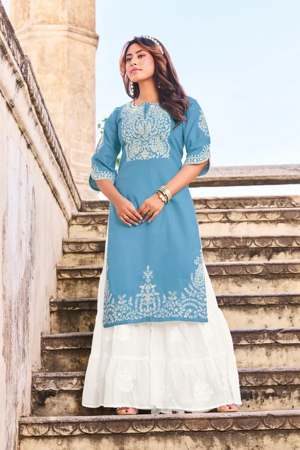 Women_Sky_Blue_White_Embroidered_Straight_Kurta_|_Premium_Pure_Cotton_Linen_Kurta
