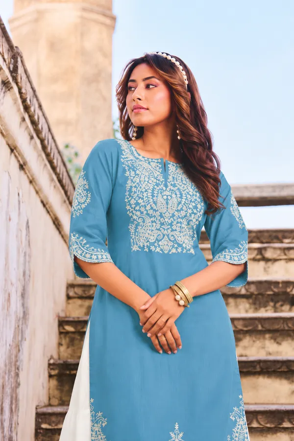 Women_Sky_Blue_White_Embroidered_Straight_Kurta_|_Premium_Pure_Cotton_Linen_Kurta