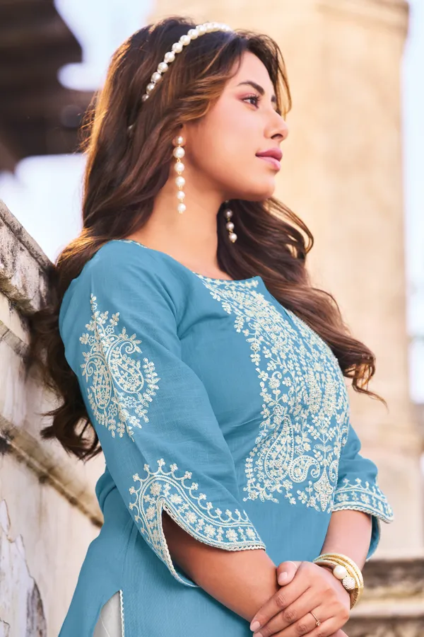 Women_Sky_Blue_White_Embroidered_Straight_Kurta_|_Premium_Pure_Cotton_Linen_Kurta